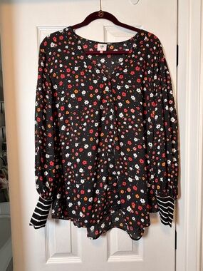 CAbi Black Floral Button-Front Blouse with Red, White & Orange Flowers